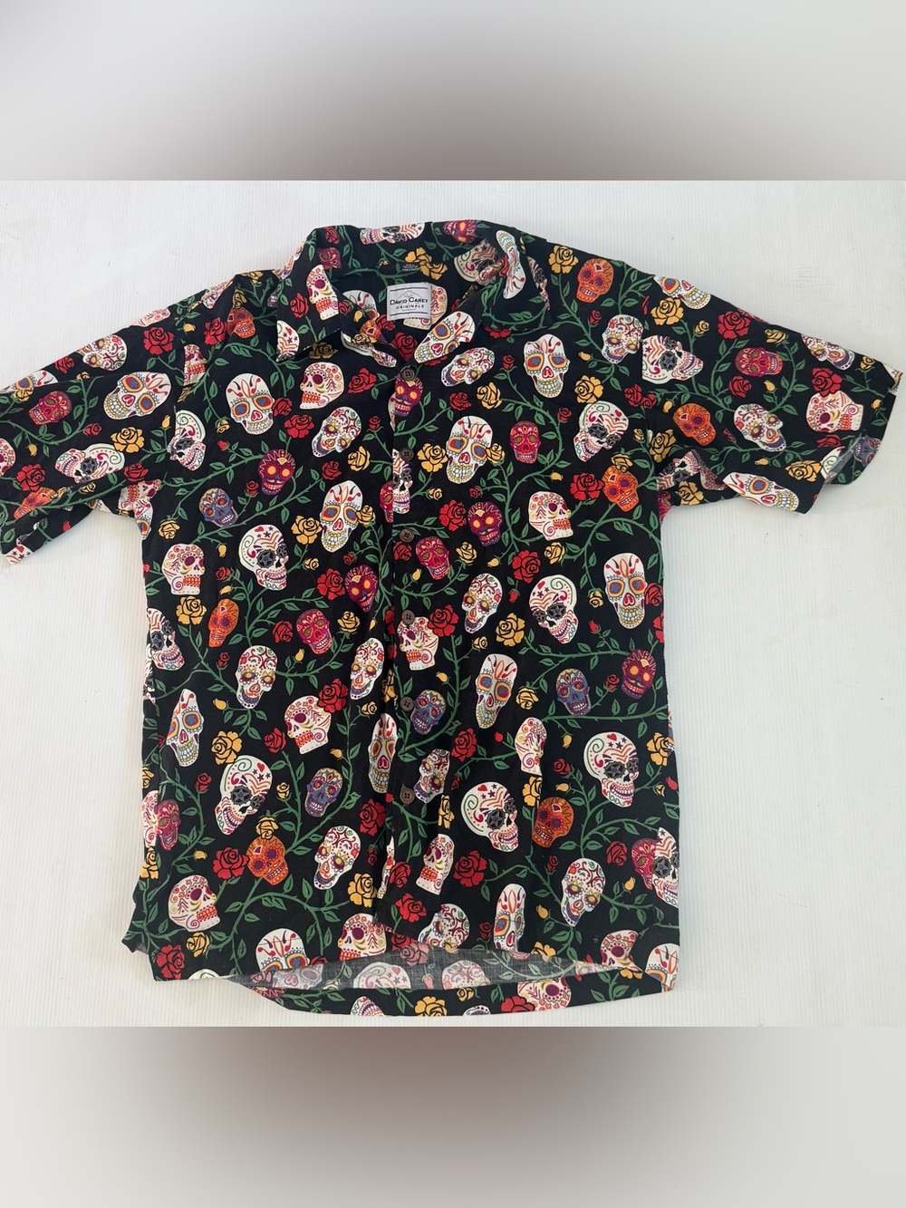 David Carey Mens Hawaiian Camp Shirt Skull Day Of The Dead All Over Print Sz L